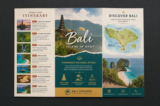 AI-generated Travel tri-fold brochure sample made with the Pixazo brochure maker