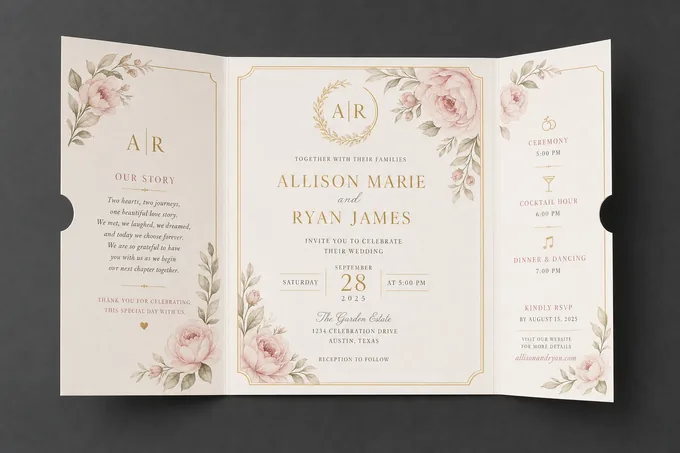 AI-generated Wedding tri-fold brochure sample made with the Pixazo brochure maker