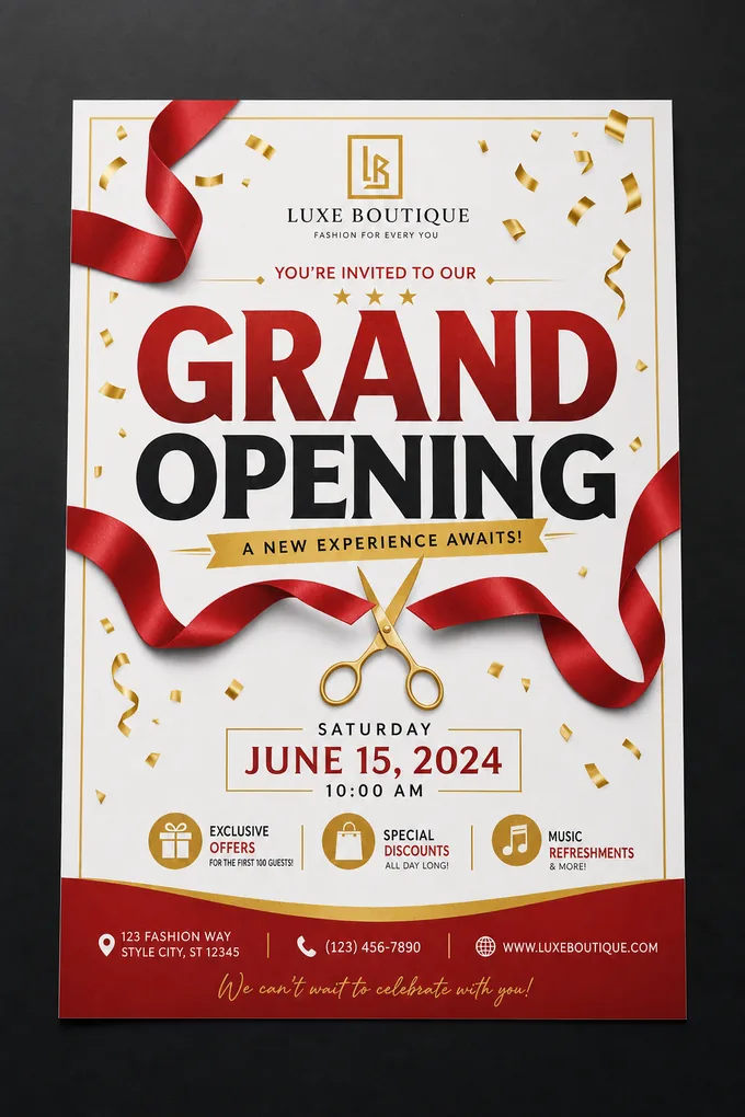 AI-generated Grand Opening Flyer sample created with the Pixazo AI flyer maker