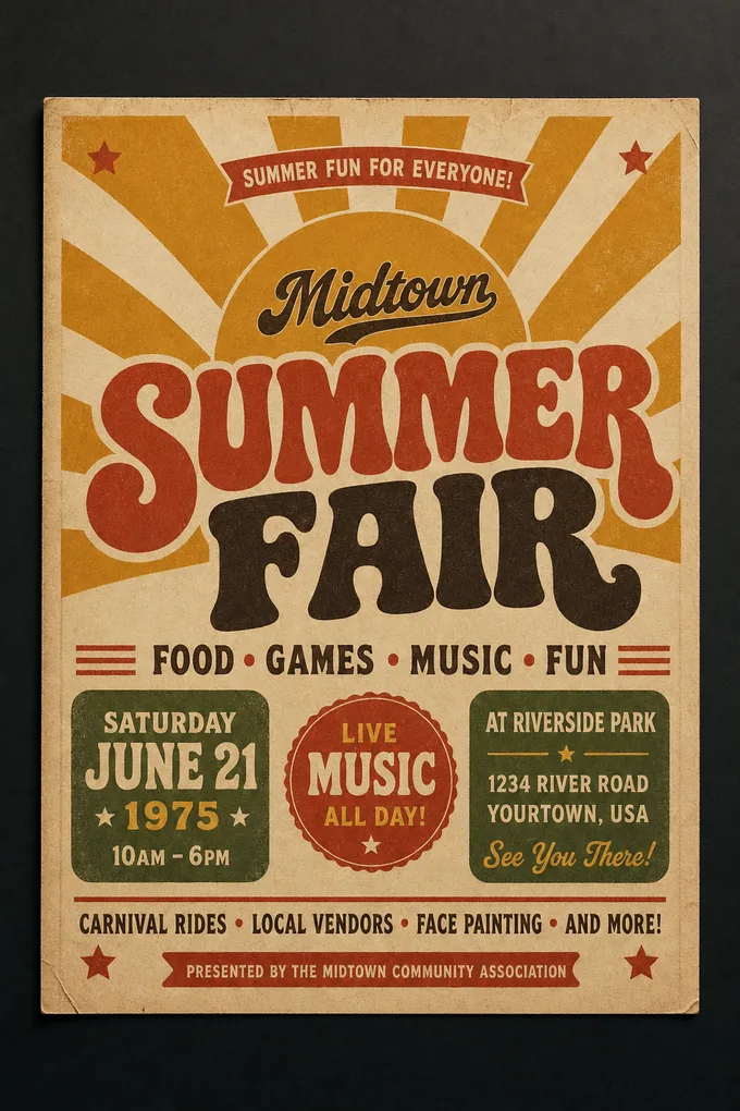 Retro vintage summer fair flyer with 1970s sunburst graphics and groovy typography, generated with the Pixazo AI flyer maker