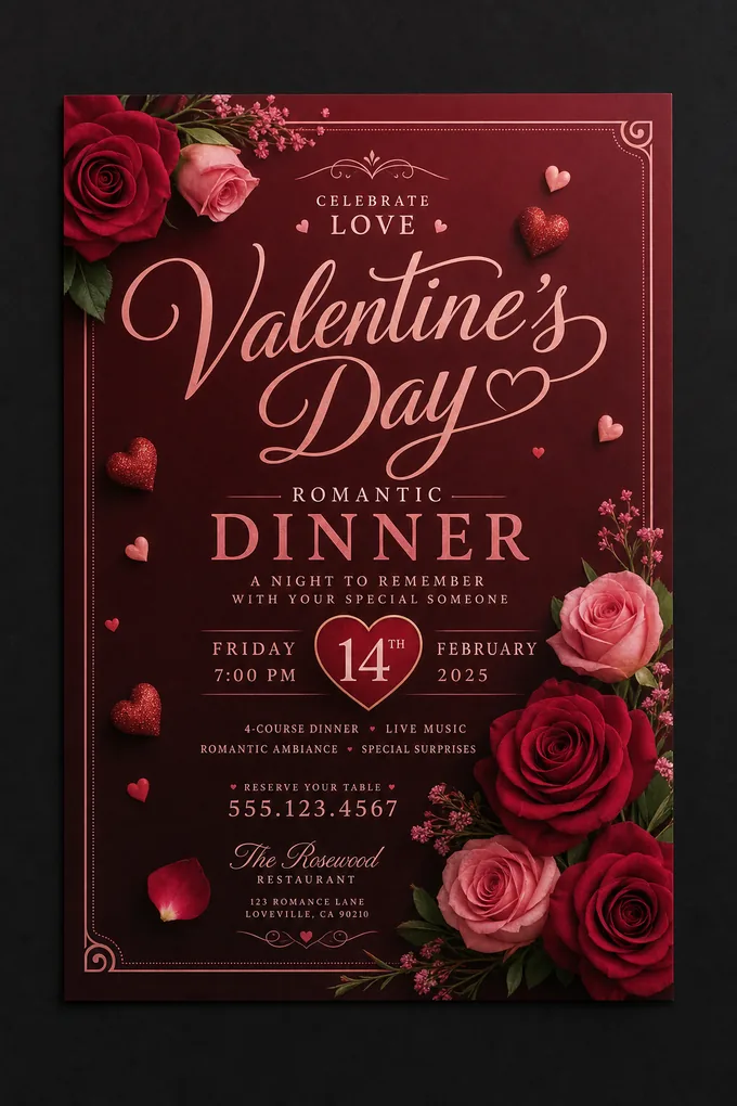 AI-generated Valentine’s Day Flyer sample created with the Pixazo AI flyer maker
