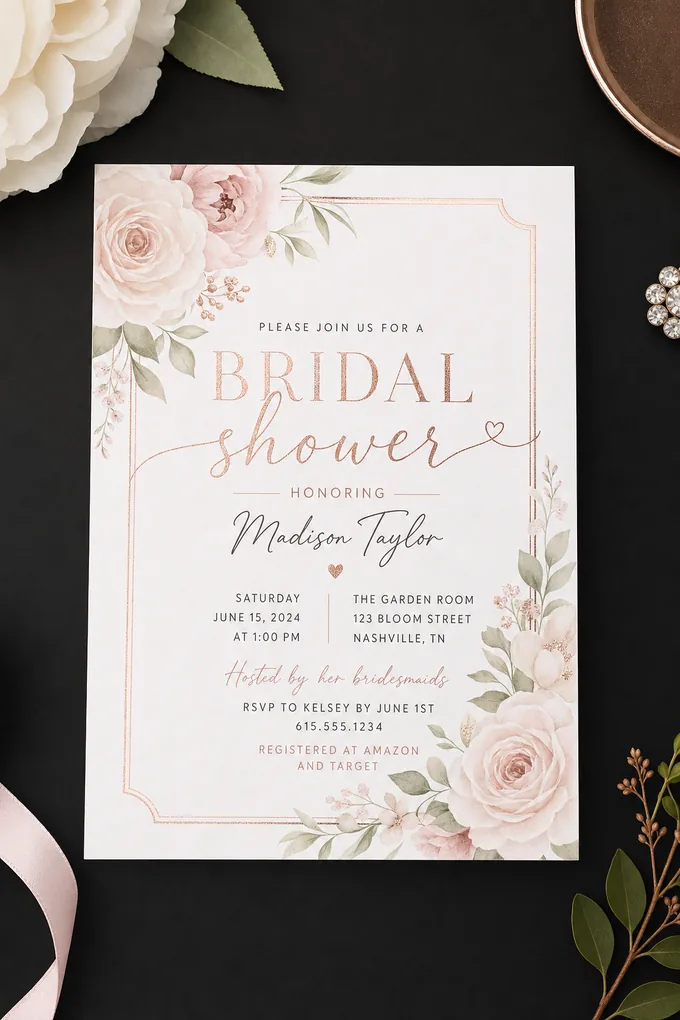 AI-generated Bridal Shower invitation card sample created with the Pixazo AI invitation maker