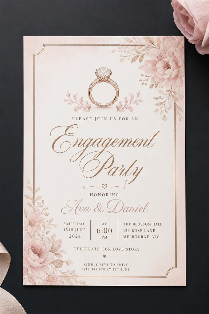 AI-generated Engagement invitation card sample created with the Pixazo AI invitation maker