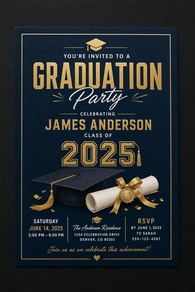AI-generated Graduation invitation card sample created with the Pixazo AI invitation maker