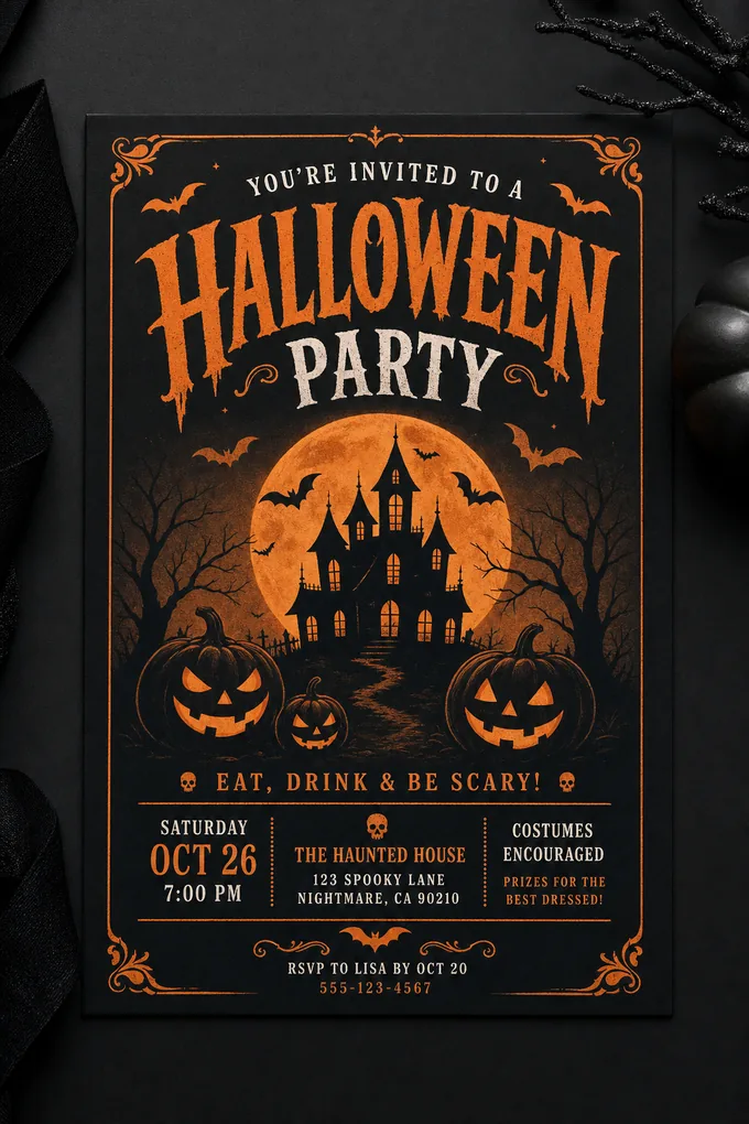 AI-generated Halloween Party invitation card sample created with the Pixazo AI invitation maker
