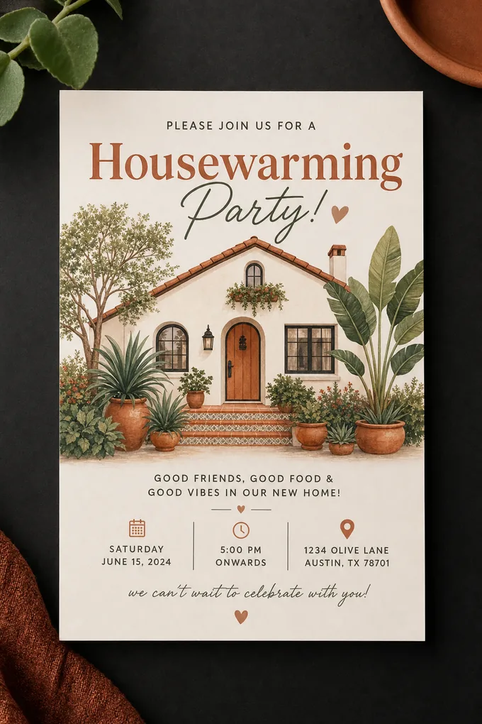 AI-generated Housewarming invitation card sample created with the Pixazo AI invitation maker