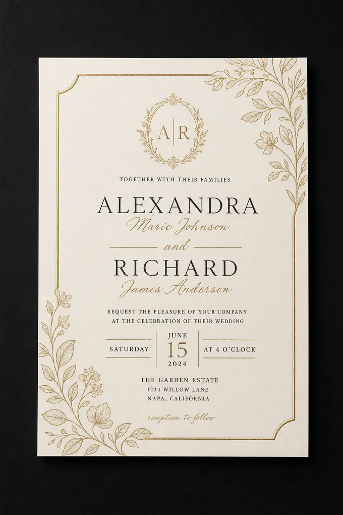 AI-generated Wedding invitation card sample created with the Pixazo AI invitation maker
