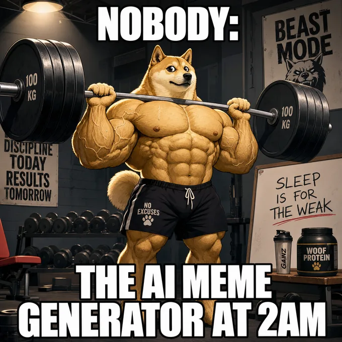 AI-generated meme of a cartoon muscular shiba inu lifting a barbell in a gym, caption nobody the AI meme generator at 2am