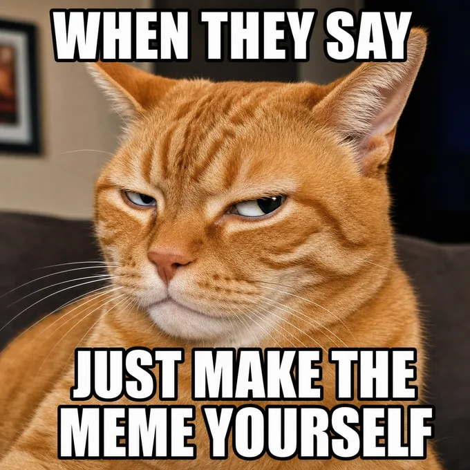 AI-generated meme of a grumpy orange cat giving side-eye, caption when they say just make the meme yourself