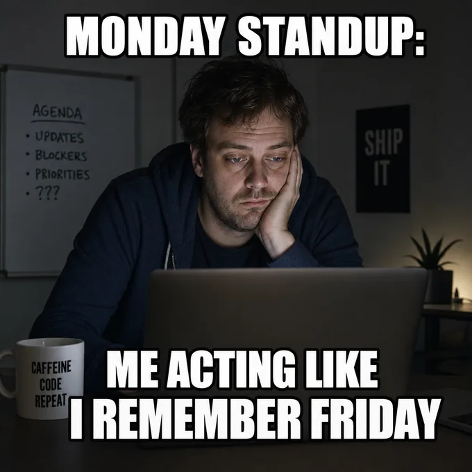 AI-generated meme of a tired developer at a laptop, caption monday standup me acting like I remember Friday