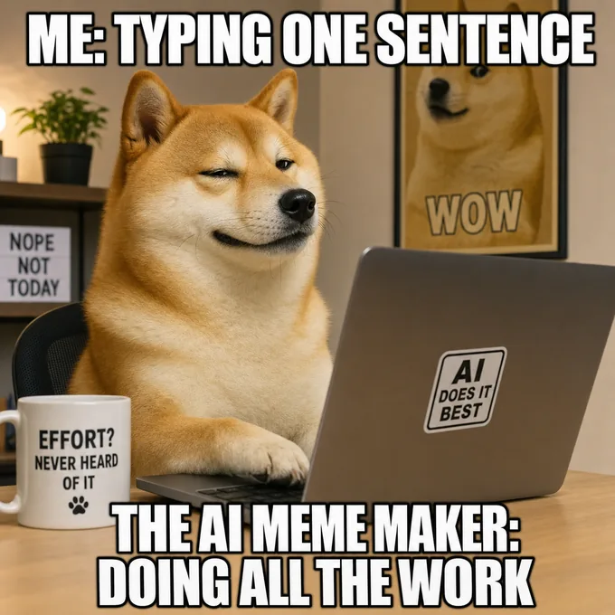 AI-generated meme of a smug shiba inu at a laptop, top caption me typing one sentence and bottom caption the AI meme maker doing all the work