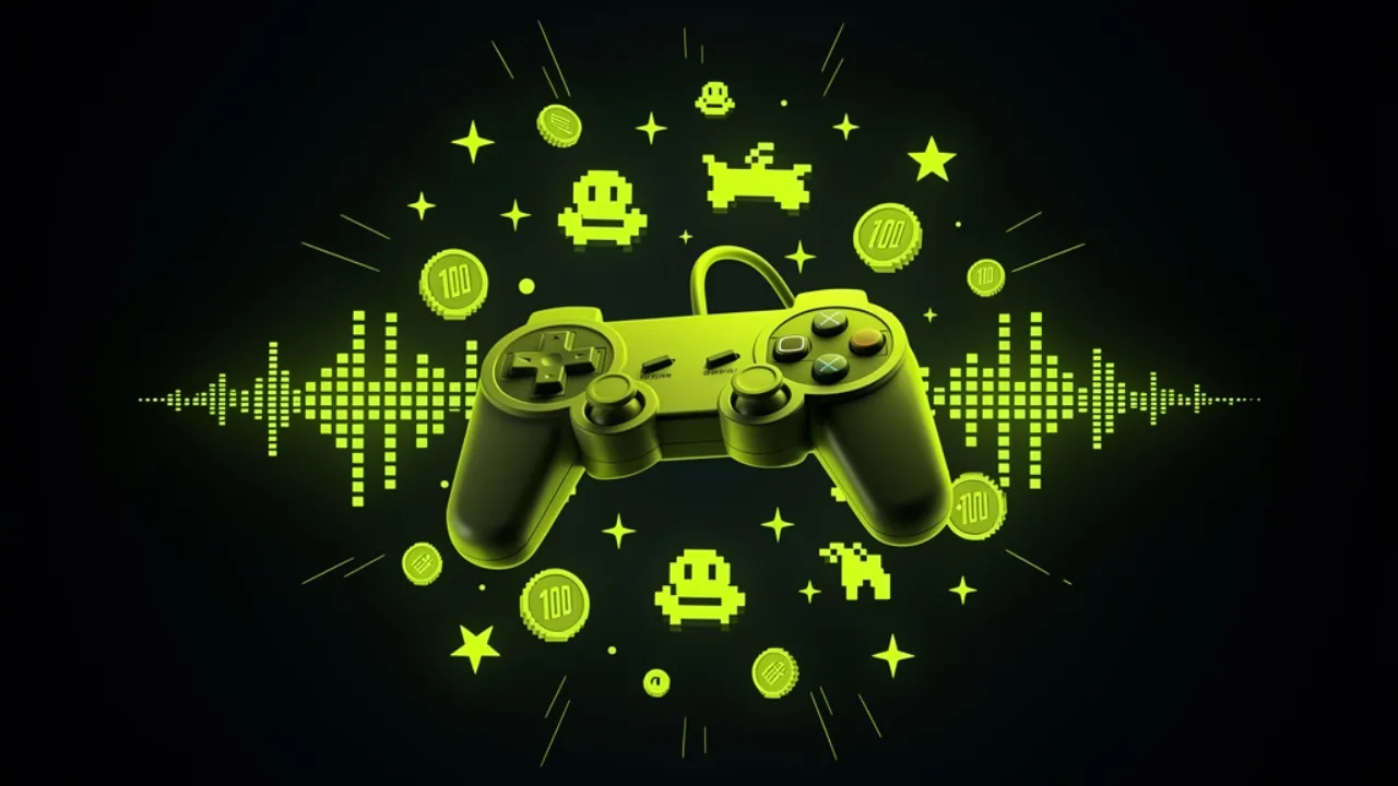 Retro game controller surrounded by lime 8-bit sound blips and coins, AI game sound effects created with Pixazo AI