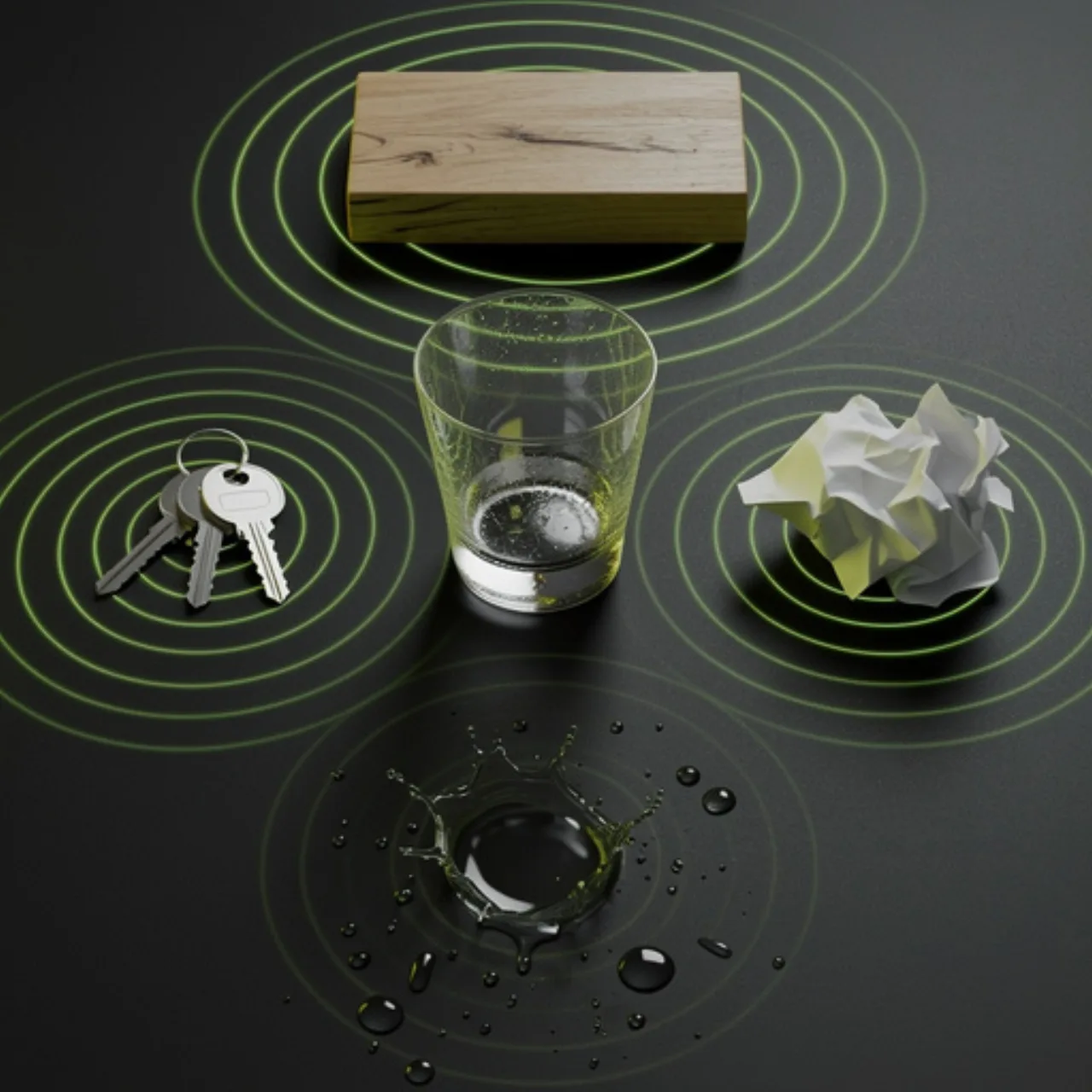 Everyday foley objects — glass, keys, paper and water — emitting lime soundwave ripples, AI sound effects created with Pixazo AI