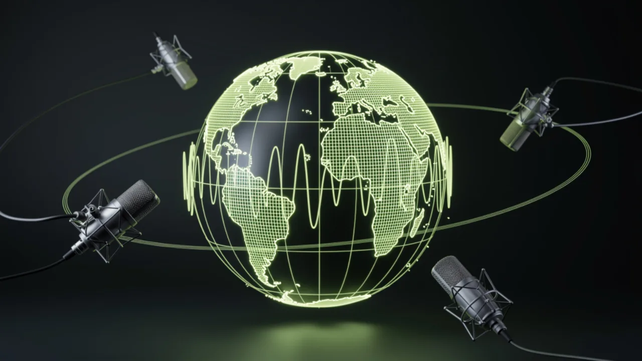 Globe made of lime soundwaves with orbiting microphones representing worldwide AI dubbing, created with Pixazo AI