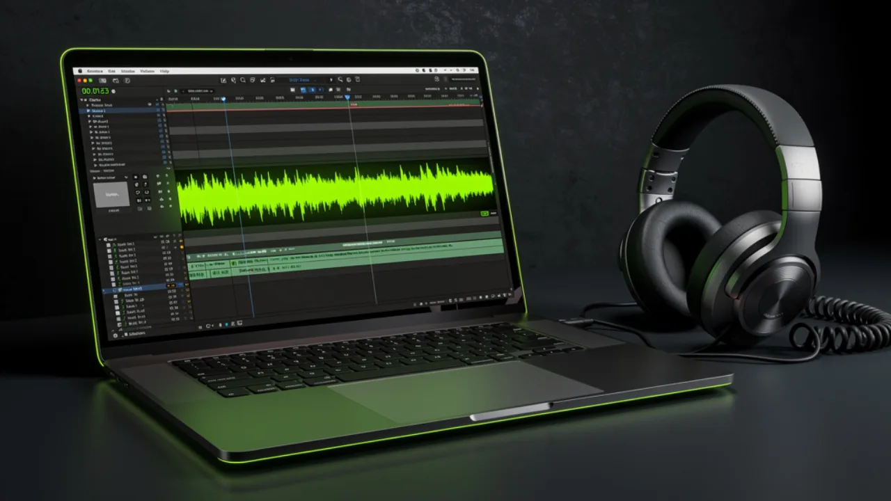 Video editing timeline showing an AI-generated lime green voice track beside headphones, created with Pixazo AI