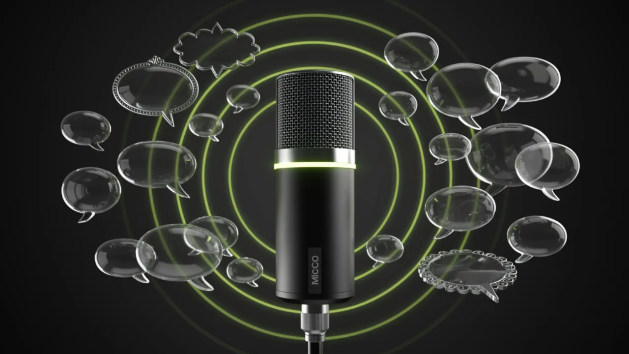 Studio microphone ringed by speech bubbles in many languages and lime soundwaves — multilingual AI voice dubbing created with Pixazo AI