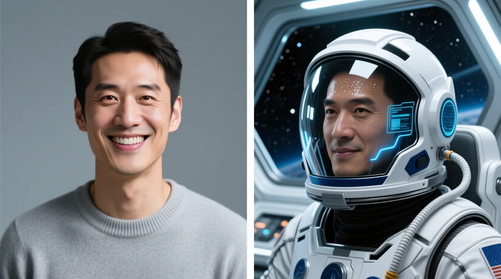 AI face swap example — a portrait swapped onto an astronaut