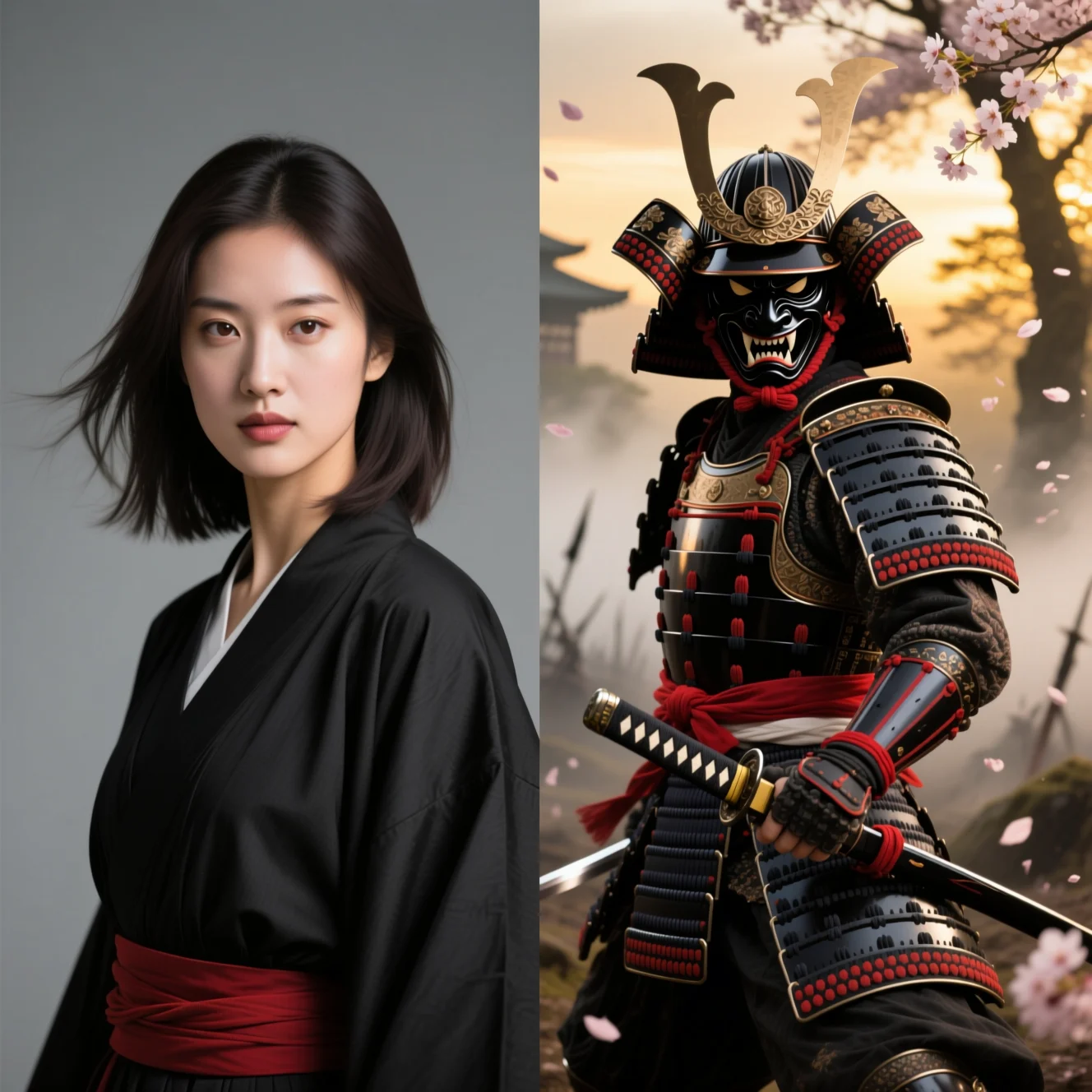 AI face swap example — a portrait swapped into a samurai