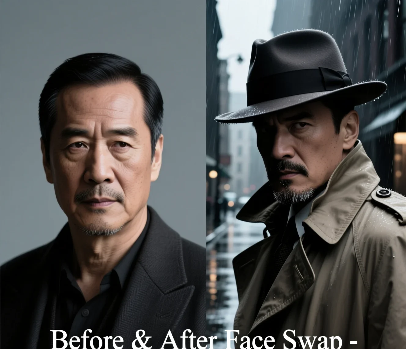 Creators & memes face swap example — portrait swapped into a film-noir detective