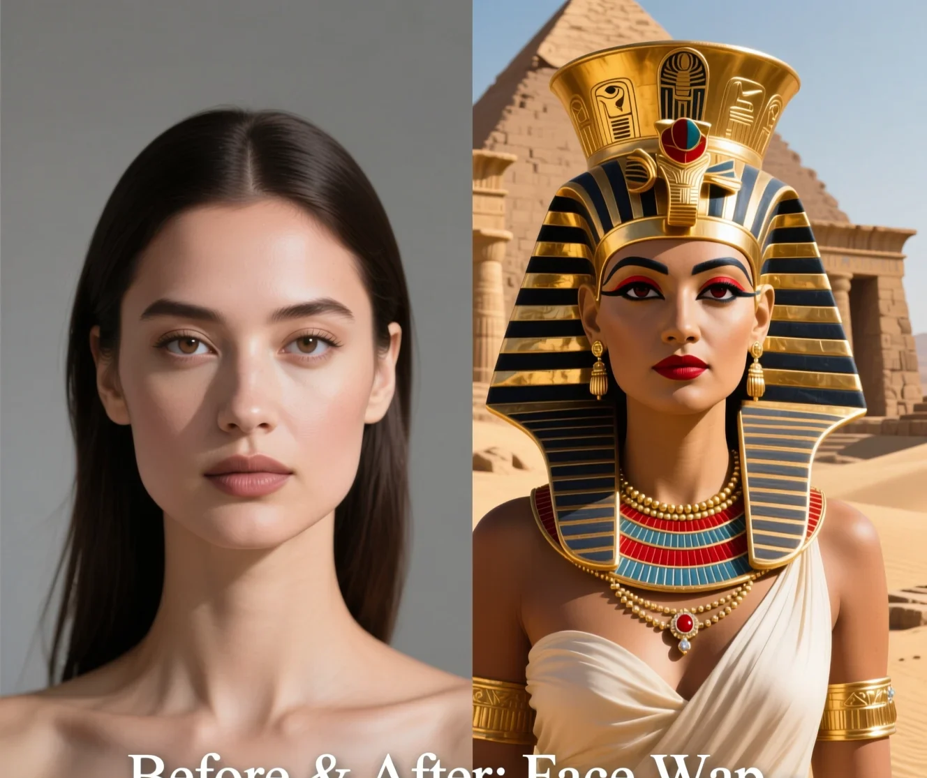 Throwback gifts face swap example — portrait swapped into Egyptian royalty