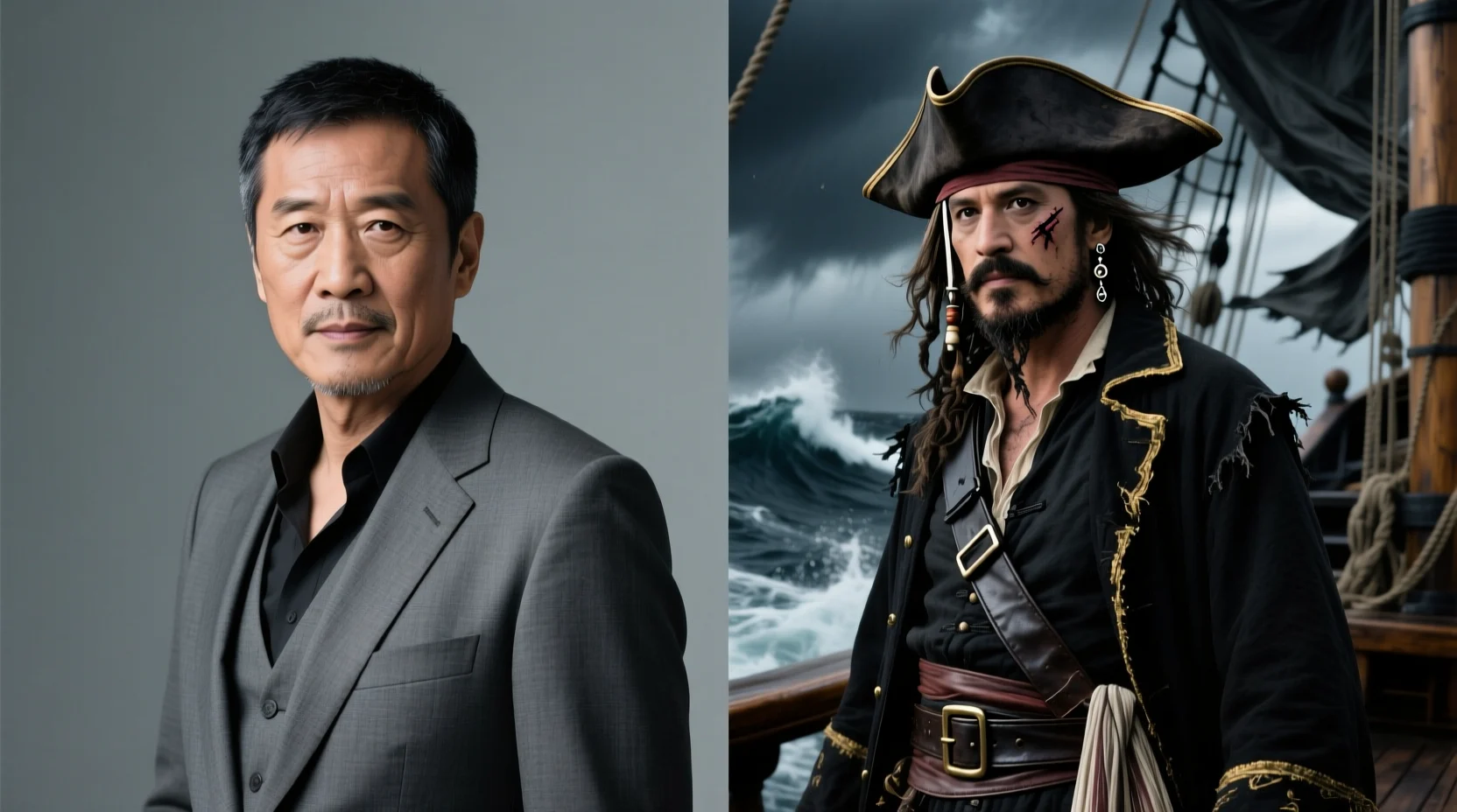 AI face swap detail — a portrait swapped into a pirate captain