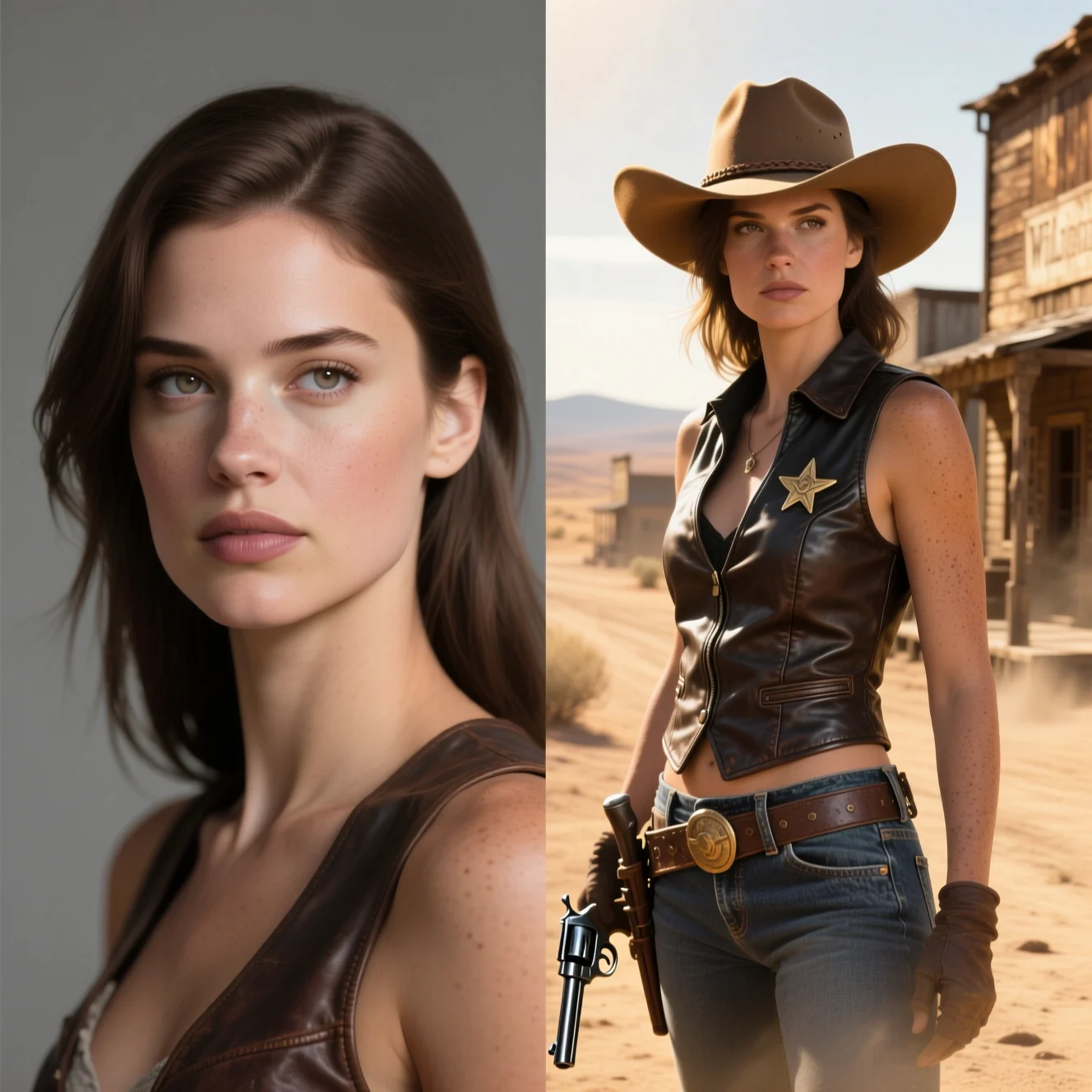 AI face swap example — a portrait swapped into a wild-west cowgirl