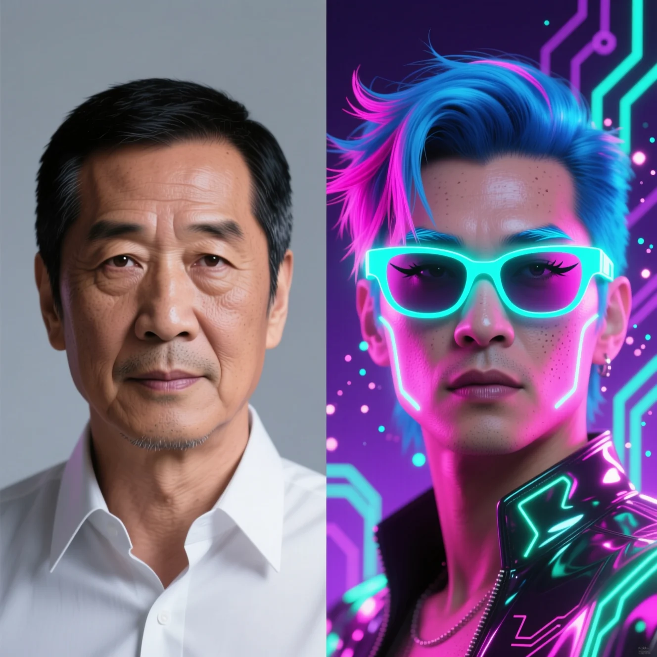 AI face swap example — a portrait swapped into a synthwave popstar