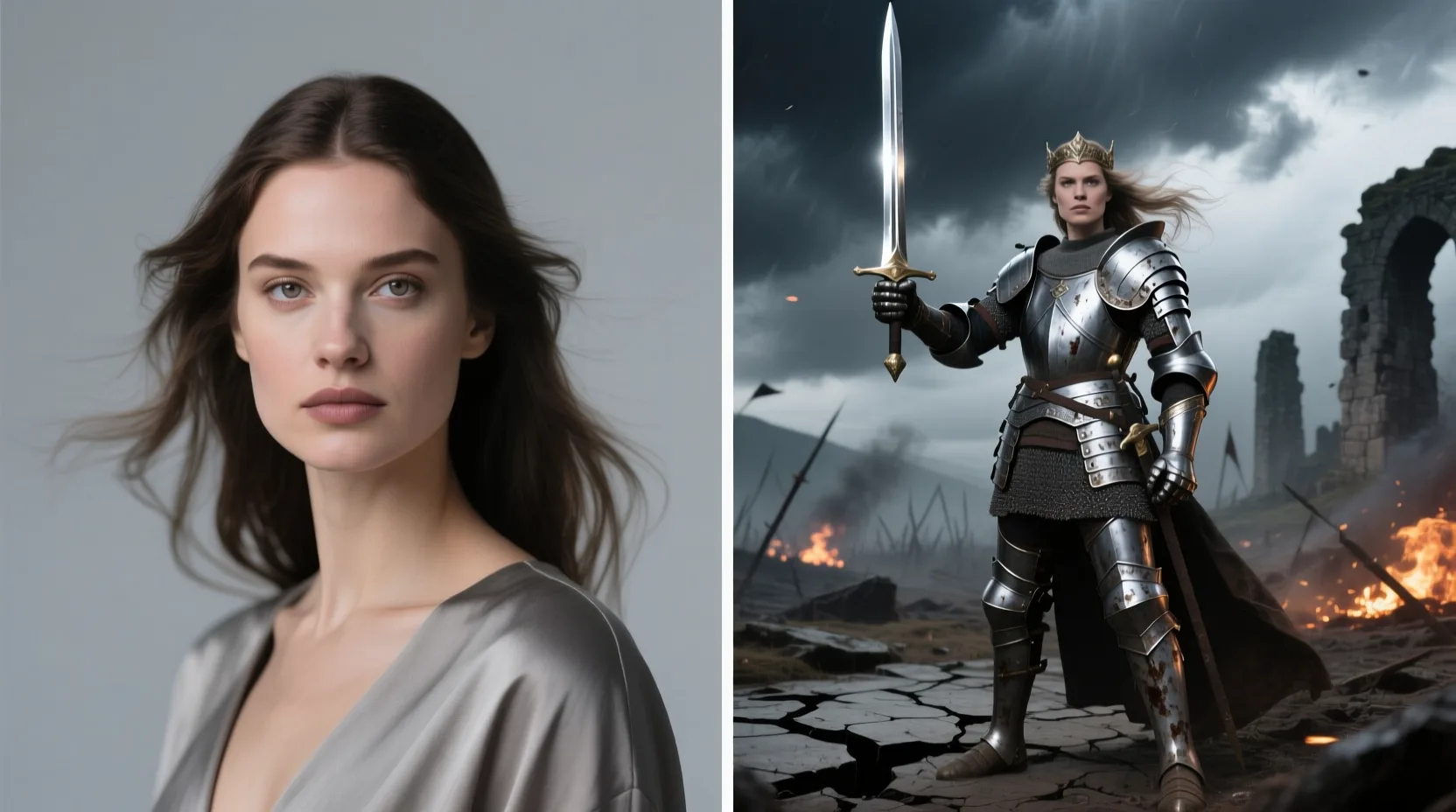 Wide face swap before and after — a portrait swapped into an armored warrior on the light-table