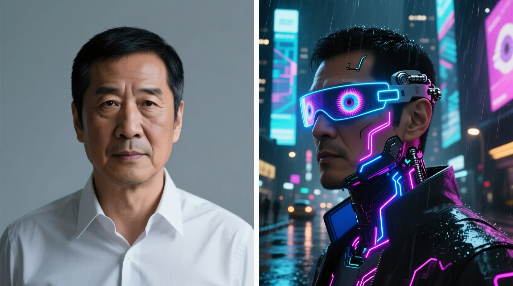 AI face swap before and after — a portrait swapped into a cyberpunk look