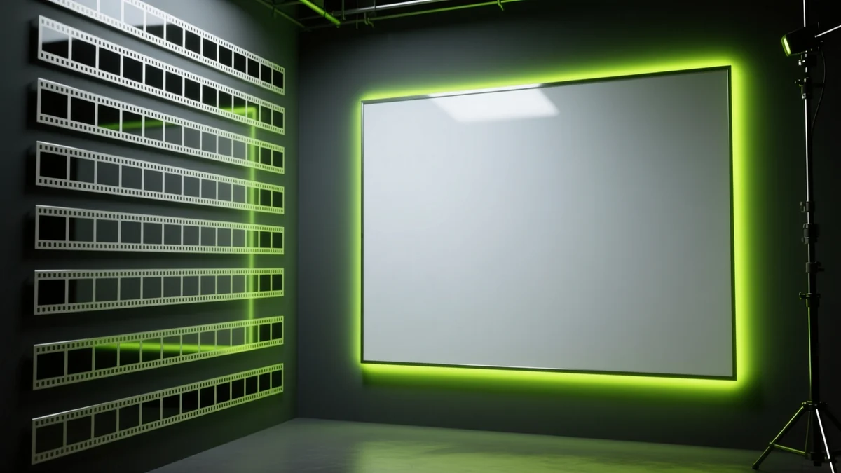Glossy 3D render of many small GIF film frames flowing into one single full-colour PNG panel, illustrating a GIF to PNG conversion