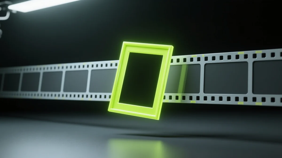 Glossy 3D render of a GIF timeline with one frame selected for export, illustrating how to convert GIF to PNG