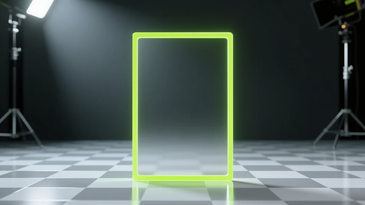Glossy 3D render of a crisp PNG with binary transparency on a checkerboard ground, illustrating a GIF to PNG conversion result