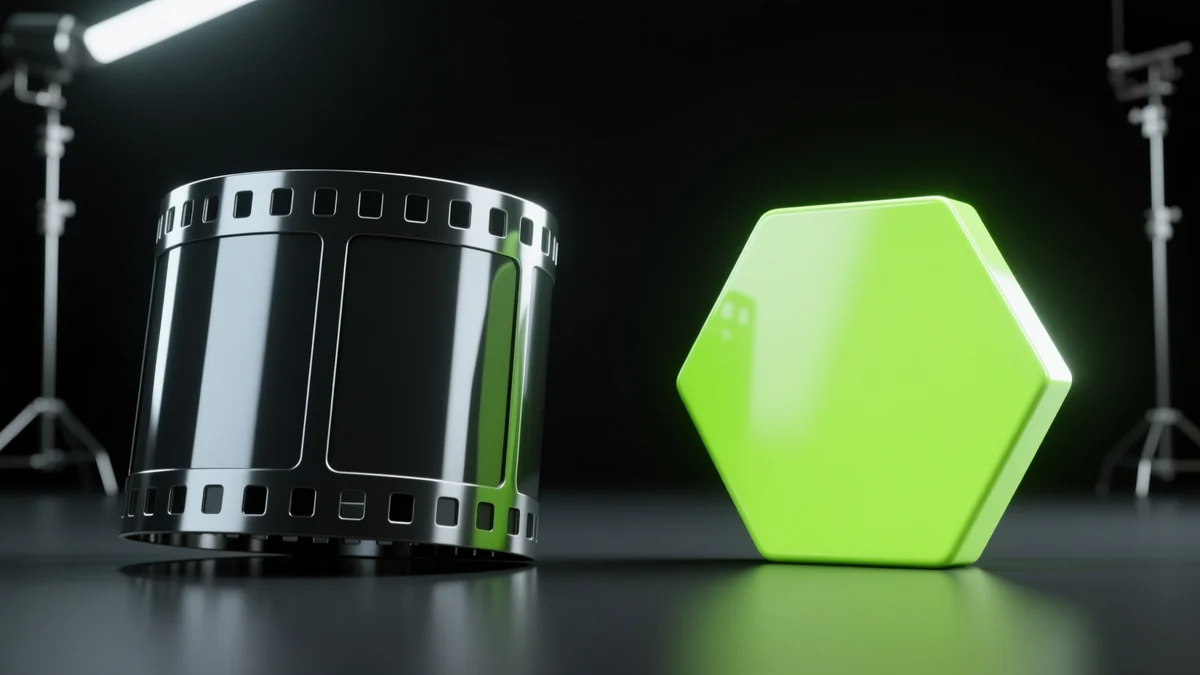 Glossy 3D render of a large heavy GIF film reel shrinking into a small light WebP tile, illustrating the file-size drop from GIF to WebP