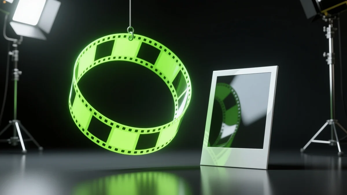 Glossy 3D render of separate JPG photo tiles becoming the frames of one looping film-strip GIF, illustrating a JPG to GIF conversion