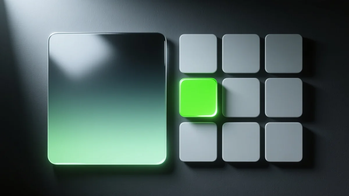 Glossy 3D render of a full-colour photo panel reduced to a small grid of solid palette colours, illustrating a JPG's colours cut to 256 for a GIF