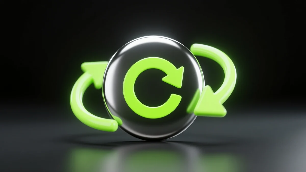 Glossy 3D render of a looping refresh badge around a single photo tile, illustrating a GIF that repeats forever