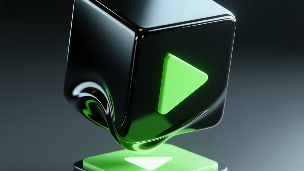 Abstract glossy 3D render of a closing aperture shaped like a play button dissolving into a looping ring, symbolising a finished GIF export.