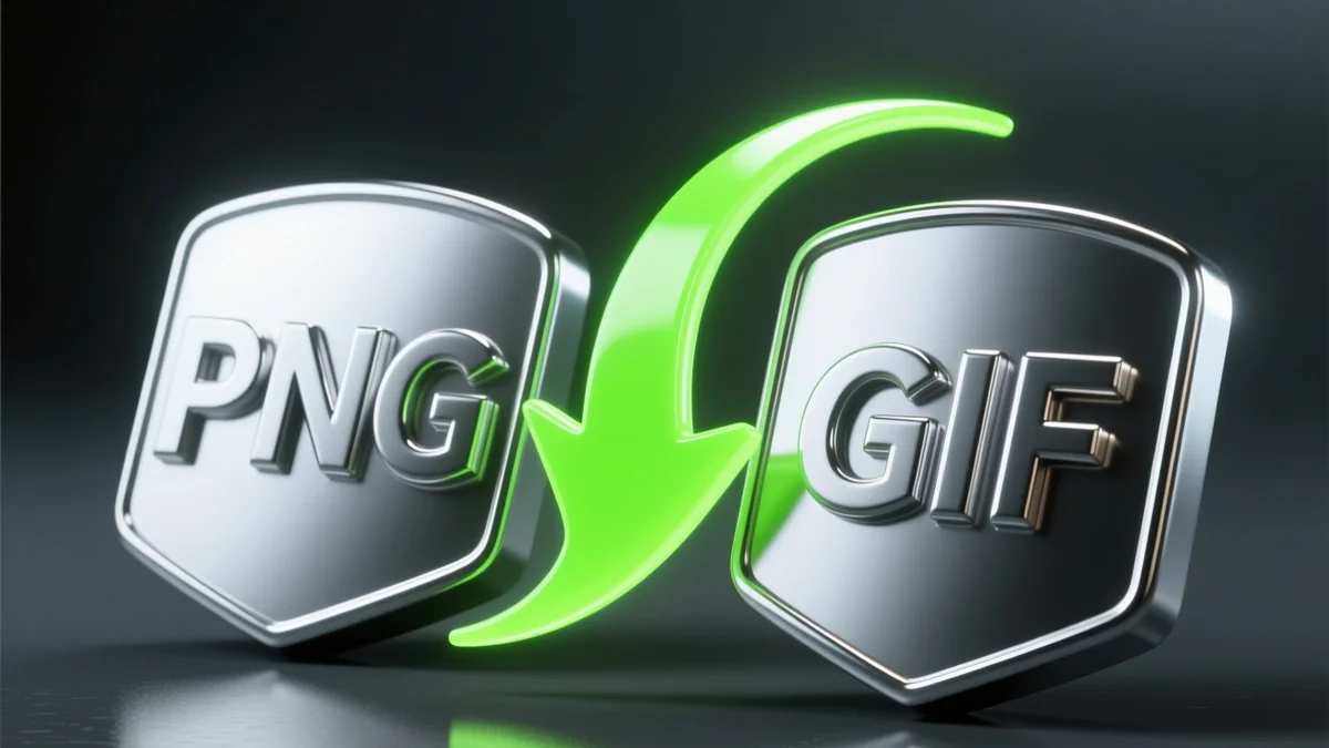 Glossy 3D render illustration of stacked PNG frame tiles feeding into an animated GIF loop icon, stylised concept art