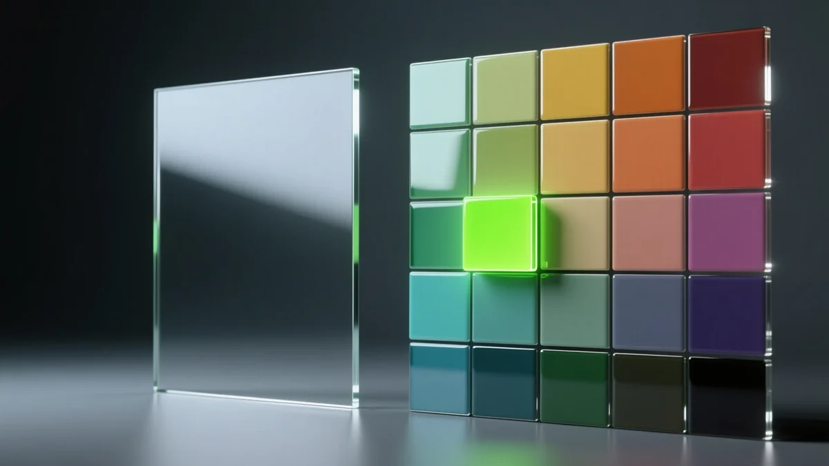 Glossy 3D render of a colour palette swatch narrowing down to 256 tiles, illustrating GIF colour mapping