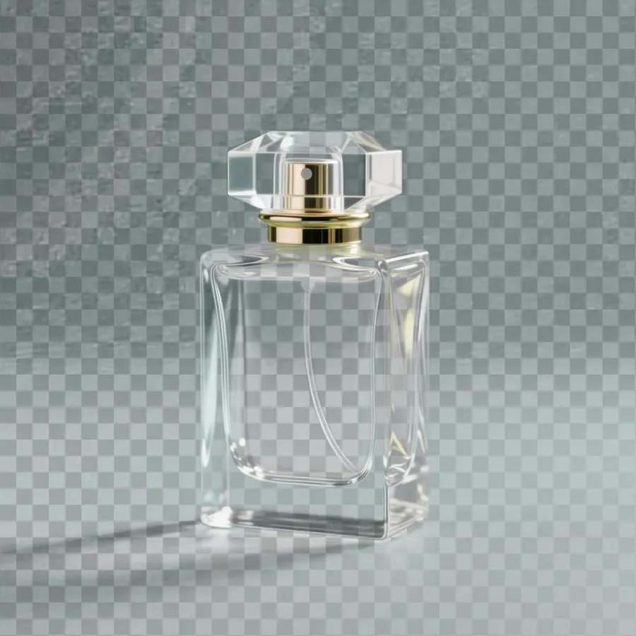 A clear glass perfume bottle cut out on transparent, showing tricky glass edges