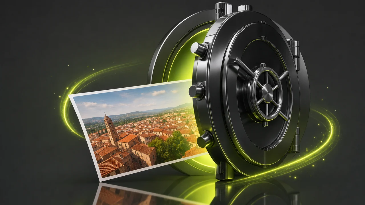A heavy glossy vault door standing ajar with lime light spilling out and a photo card sliding through the gap, created with Pixazo AI