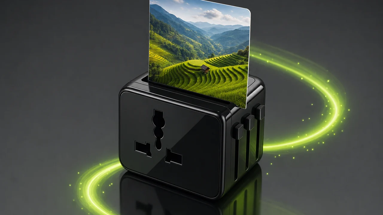 A glossy universal adapter block with one bright photo card seated in it, created with Pixazo AI