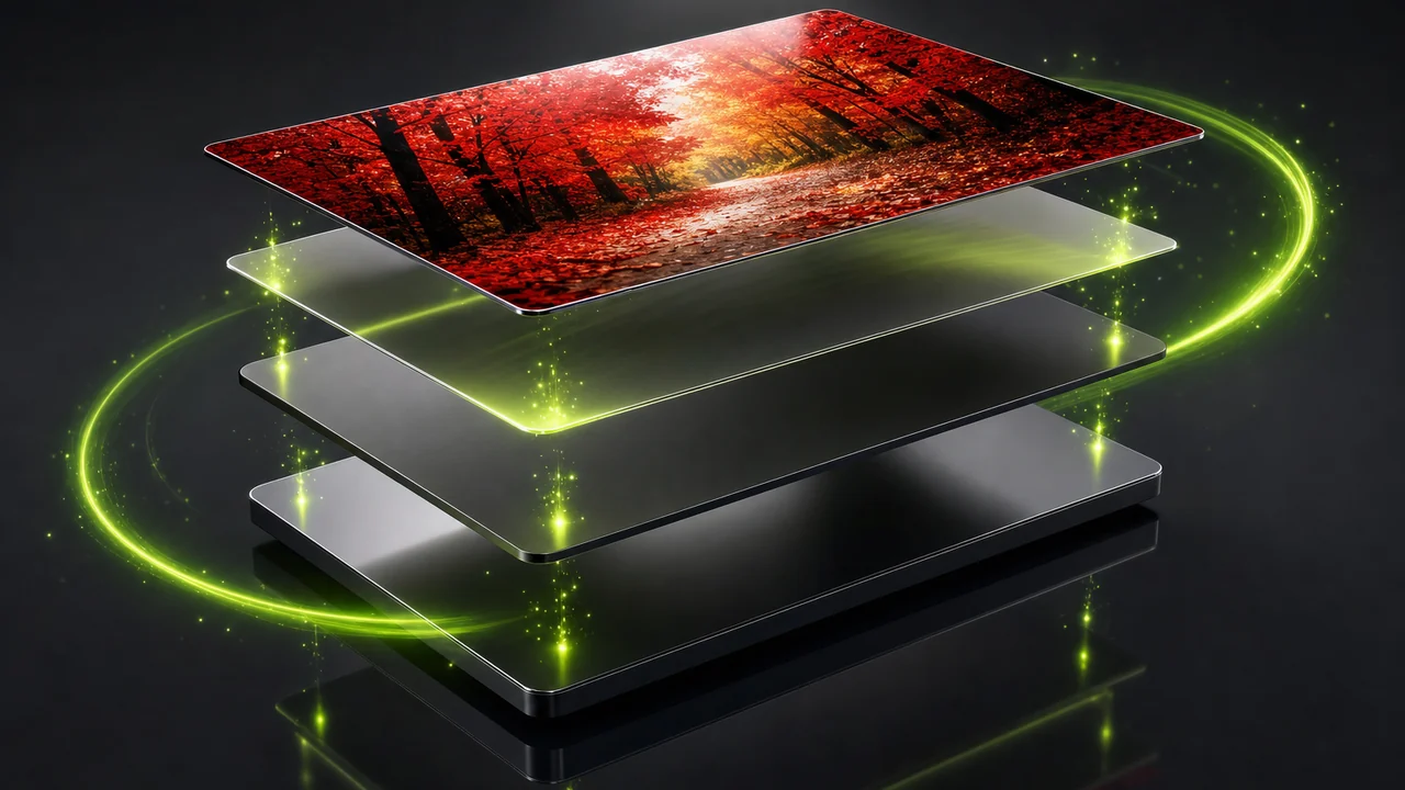 A glossy exploded stack of four thin plates hovering apart above a reflective floor, lime sparks between layers, created with Pixazo AI