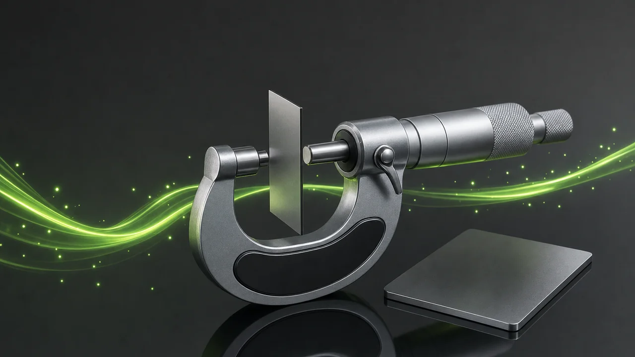 A glossy micrometer resting open on a reflective bench beside a single thin flat plate, created with Pixazo AI