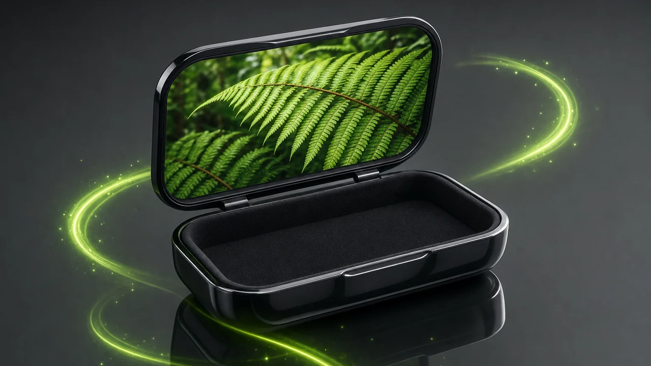 A glossy hinged shell propped open on a reflective bench, the inside lined and empty, created with Pixazo AI