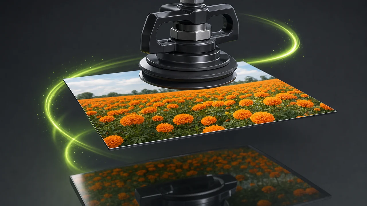 A glossy suction lifter holding one flat plate above a reflective bench, created with Pixazo AI