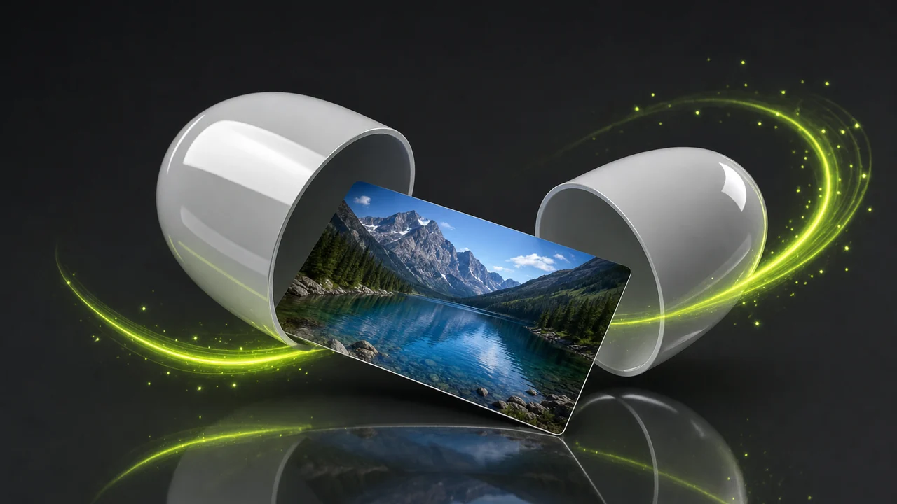 A glossy sealed capsule cracked open in two halves, a flat glossy photo card sliding out, created with Pixazo AI