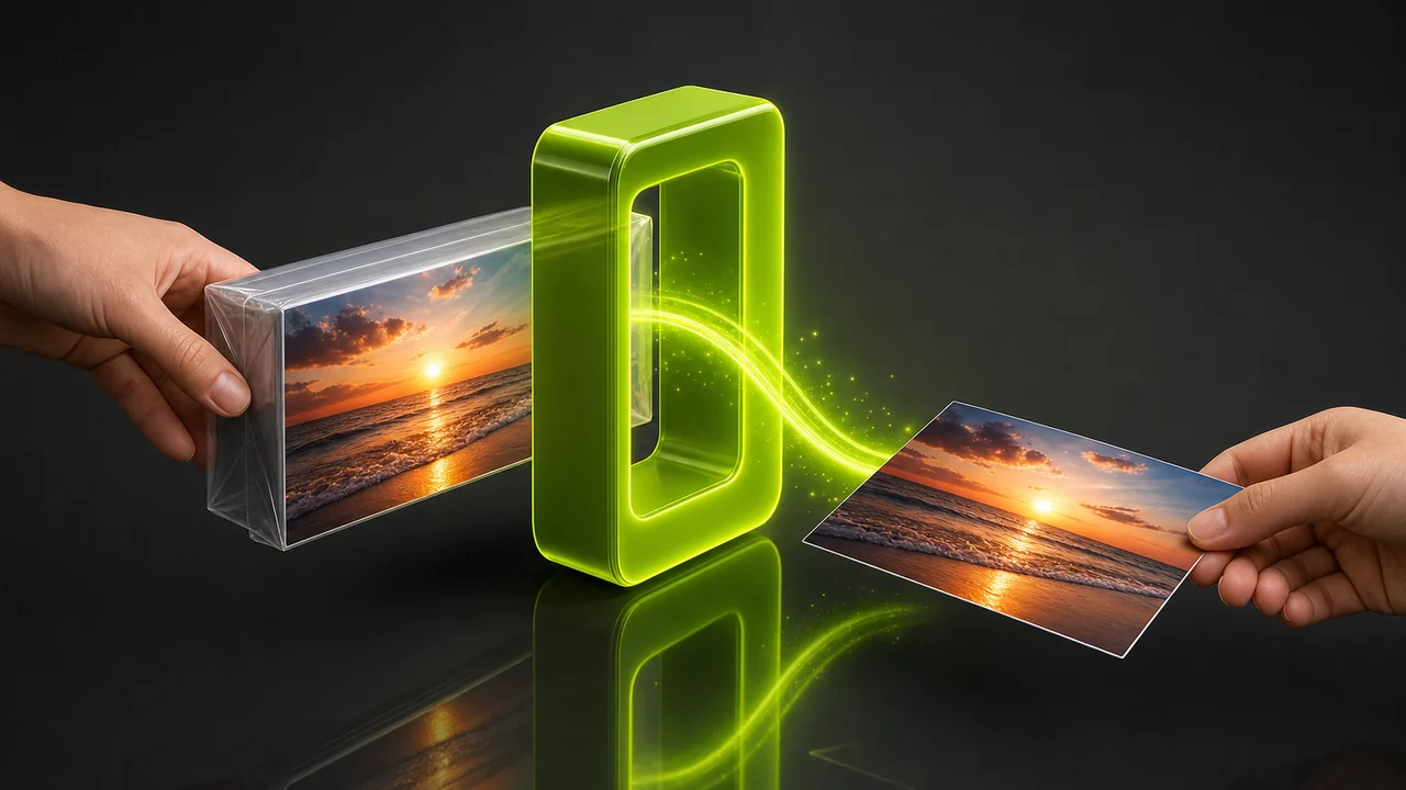 An illustration of a wrapped iPhone photo being handed to a browser window and coming back as a flat, unwrapped copy, created with Pixazo AI