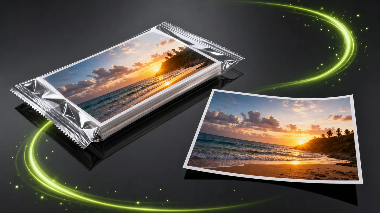 Two versions of the same iPhone photograph side by side on a dark surface, one still wrapped as HEIC and one laid open as a PNG ready to hand over, created with Pixazo AI