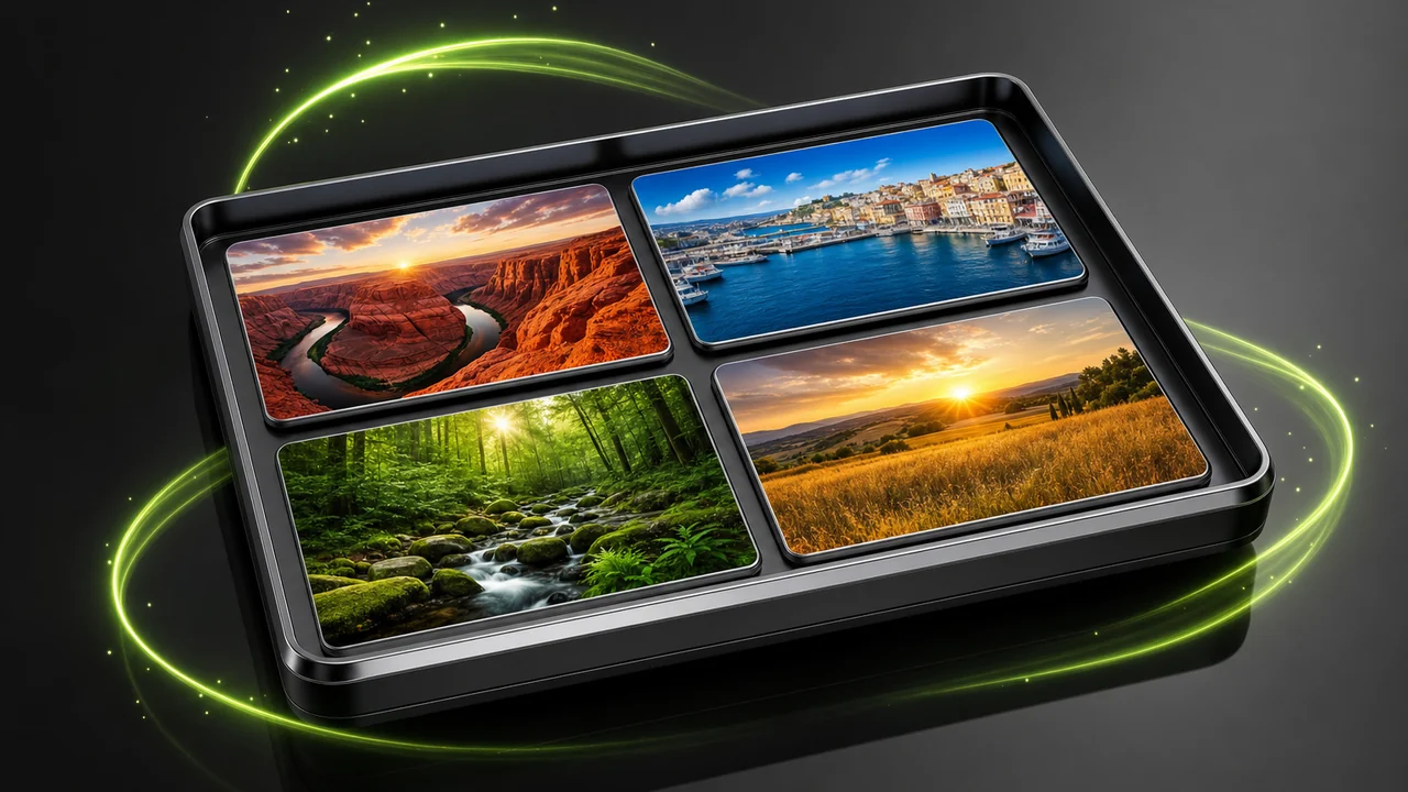 A glossy tray of four flat photo cards laid out in a grid on a reflective floor, lime ribbon looping between them, created with Pixazo AI